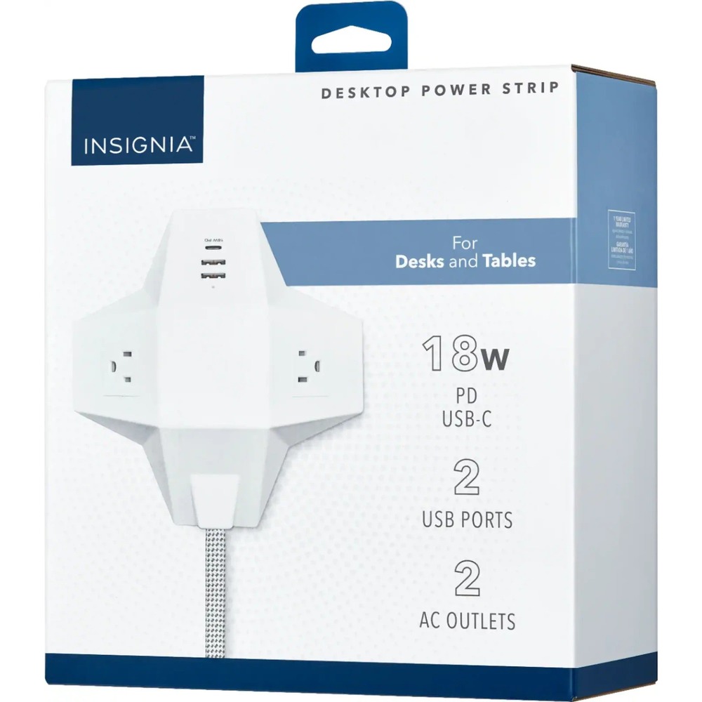 Insignia 5 Outlet Desktop Power Strip White USB-C & USB-A Charging Station NEW